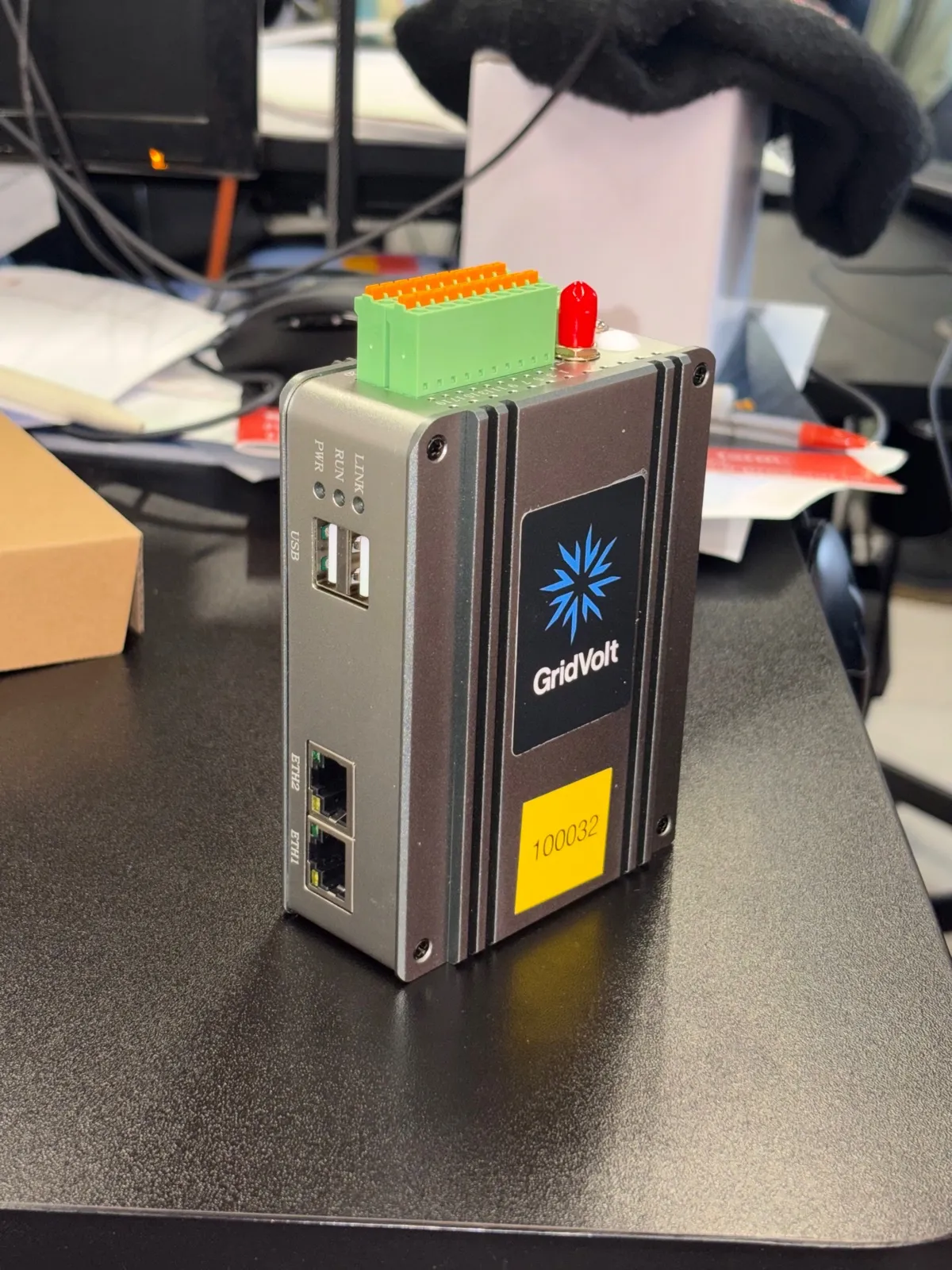 GridVolt gateway showing its terminal block, USB ports, and Ethernet ports.